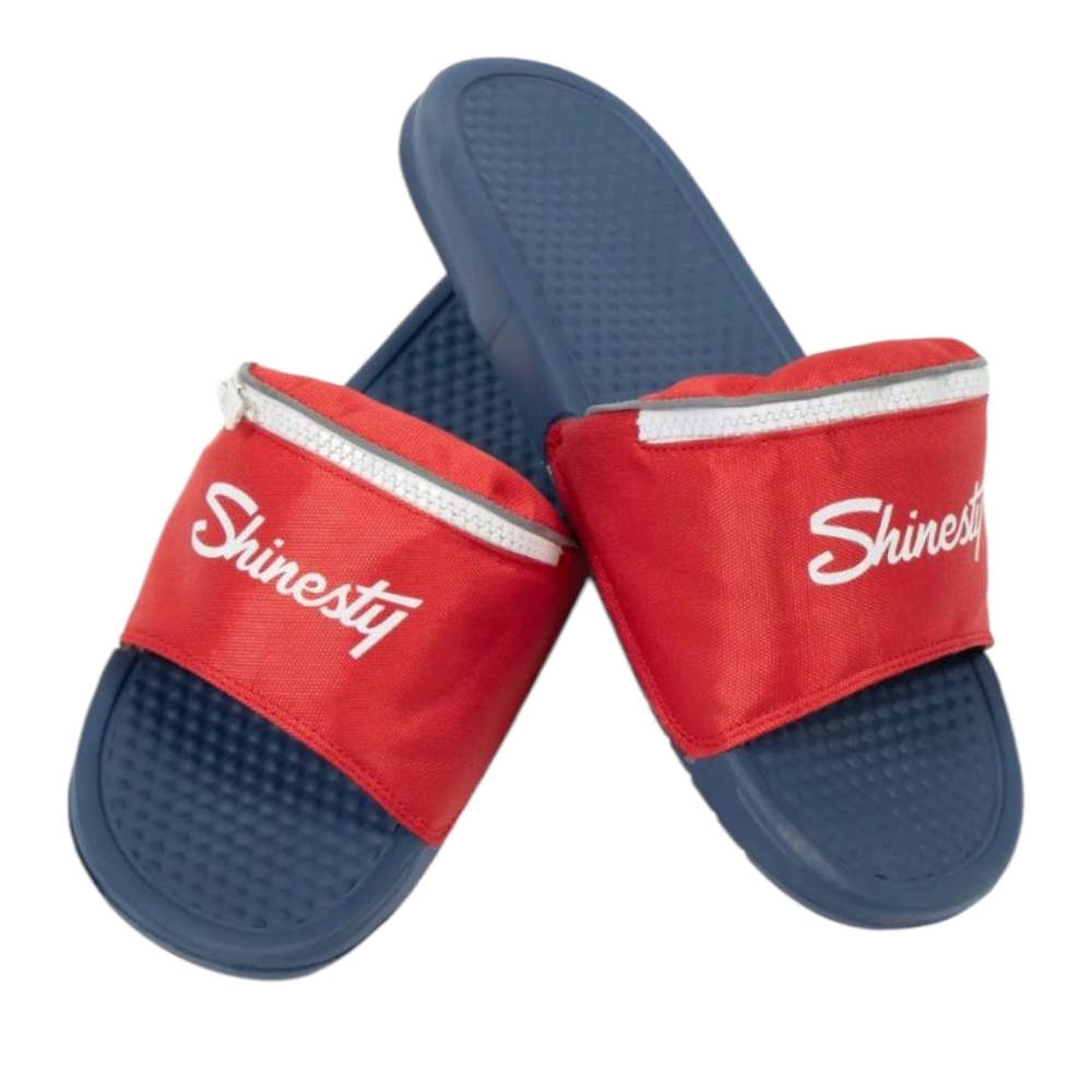 Shinesty Red Blue Slide Sandals Slip It In Fanny Pack Beach Summer Sz 42 M/L
